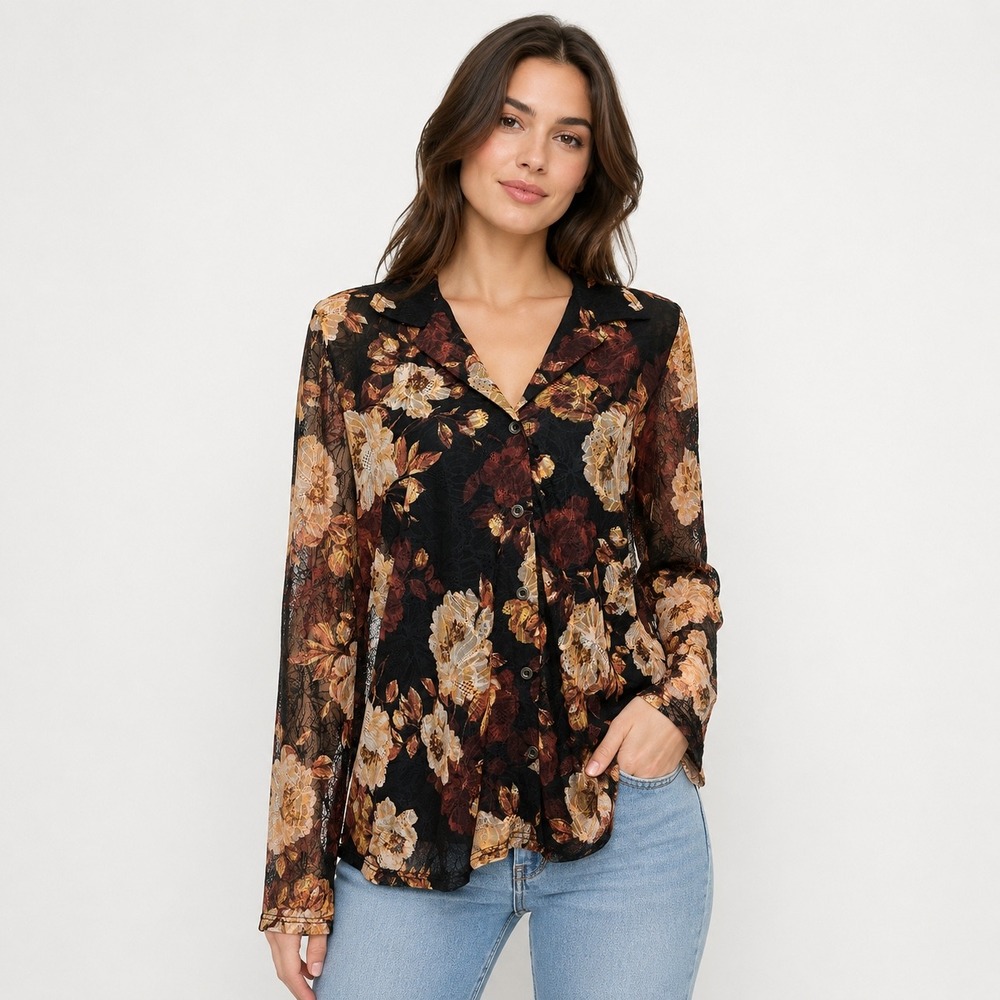 Jane + Delancey Button Down XL Black Floral Sheer Lace Long Sleeve Fall Cottage